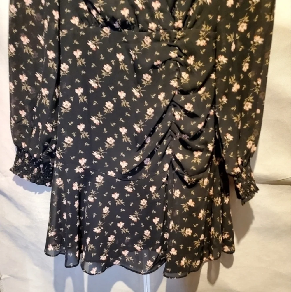 Farrow‎ Black Lined Floral Cocktail Ruching Mini Dress Small NWOT